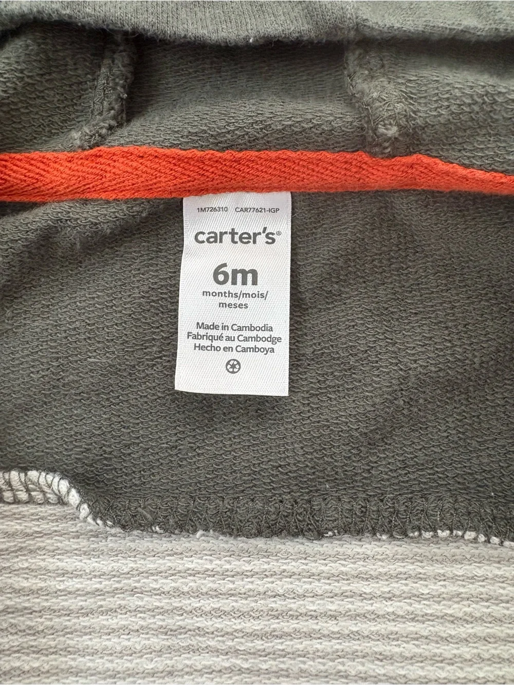Carter's Olive Green and Gray Hooded Zip-Up with Orange Accent